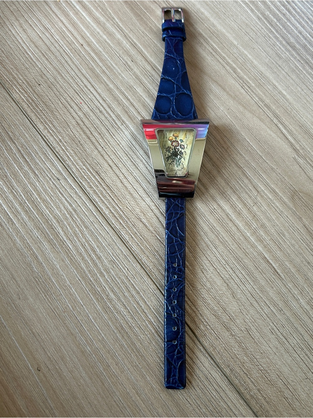 Diane Balit Blue Leather-Strap Women's Watch with Floral Accent